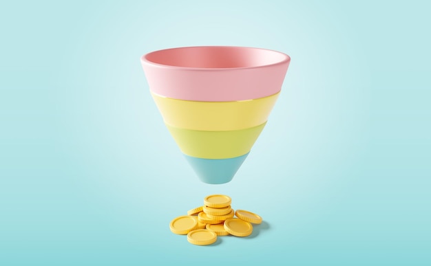 Photo sales funnel with colored spices and coins as a symbol of profit 3d render