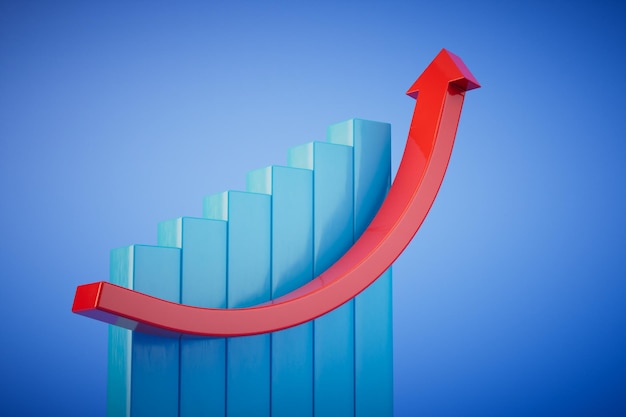 Sales growth chart a red arrow going up according to the designated graph on a blue background 3D render