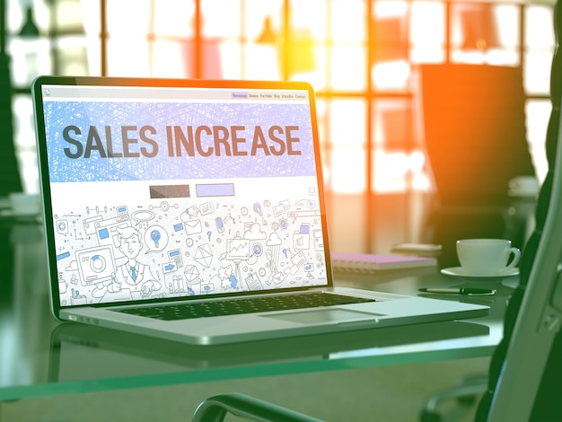 Sales Increase Concept Closeup Landing Page on Laptop Screen in Doodle Design Style On Background of Comfortable Working Place in Modern Office Blurred Toned Image 3D Render