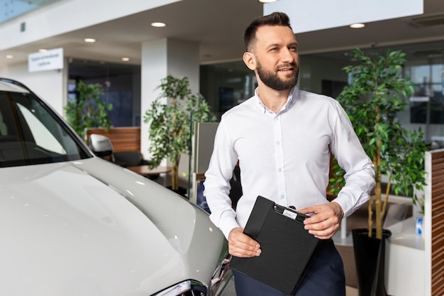 Sales manager in a car dealership hands over the keys and documents to the car