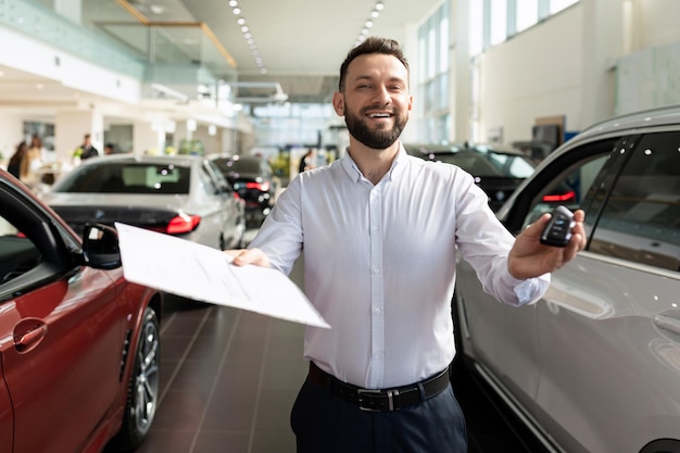 Sales manager in a car dealership hands over the keys and documents to the car