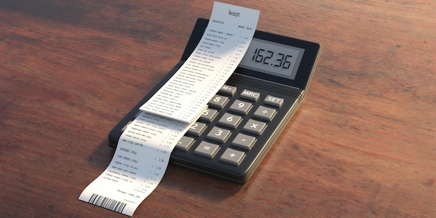 Sales receipt and calculator on wooden background 3d illustration