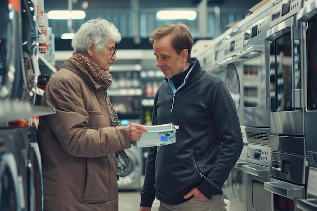 Salesman advising senior woman in buying appliance at electronics store