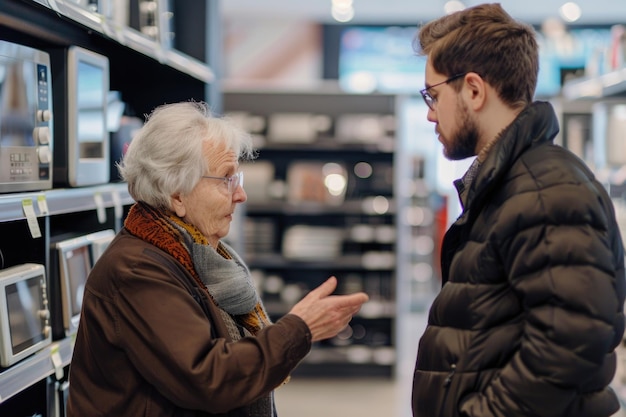 Salesman advising senior woman in buying appliance at electronics store