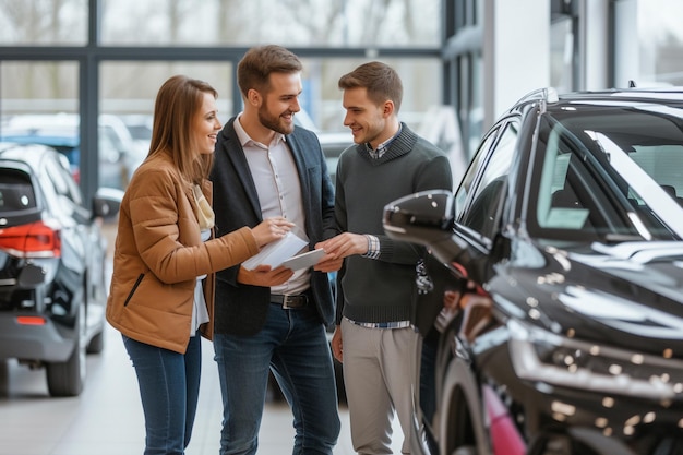 Photo salesman showing keys to new car to couple in auto showroom with ai generated