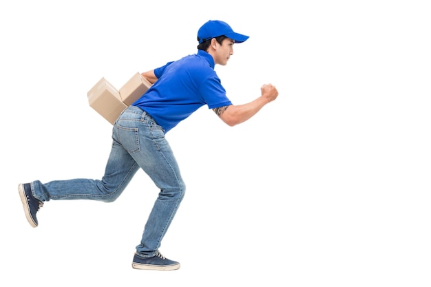 Photo salesman with cardboard boxes running against white background