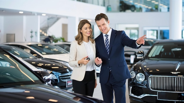 Salesman and woman looking for a car in a car showroom