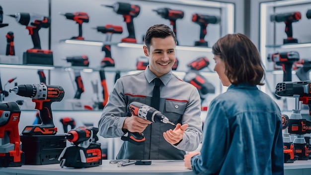 Photo salesmen is working in power tools store