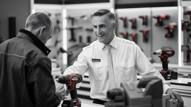 Photo salesmen is working in power tools store