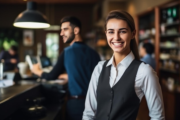 Saleswoman cashier standing behind counter smiling with shelves of goods on background