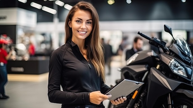 A saleswoman holds a Smiling Gym file Behind it is a new big bike in the showroom