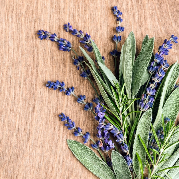 Salie laat lavendel en rozemarijn op een houten ondergrond verse pittige kruiden