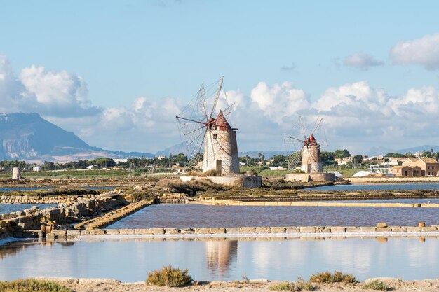 Saline in Marsala Sicily Italy Salt flats on a sunny day