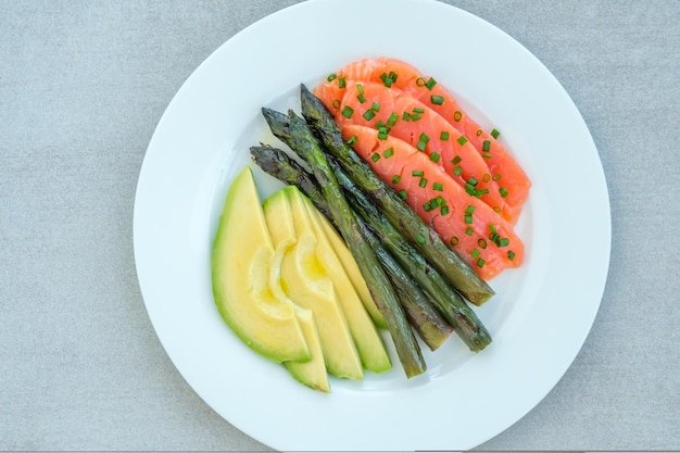 Salmon avocado and asparagus plate