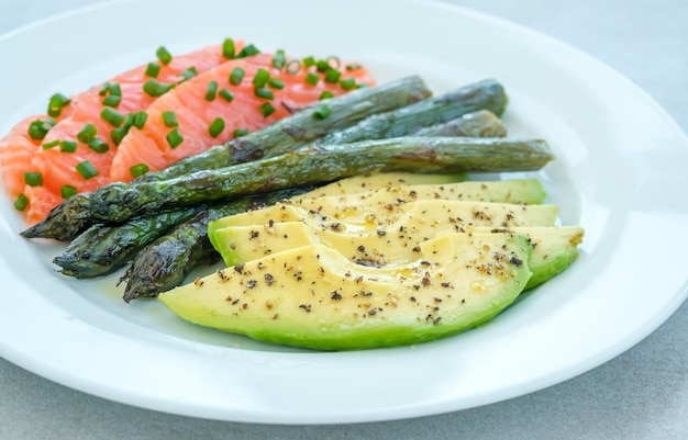 Salmon avocado and asparagus plate