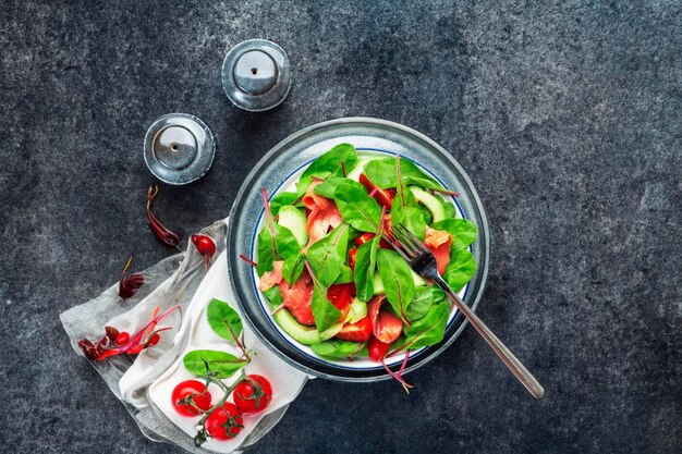 Salmon avocado salad beet leaves radicchio tomatoes lemon and olive oil dressing for keto and low card diet Gray background top view