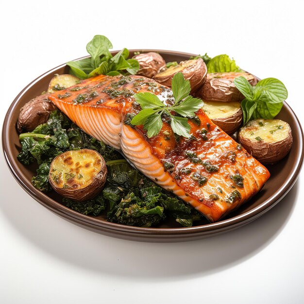 Salmon on a Bed of Vegetables with Potatoes on a Plate