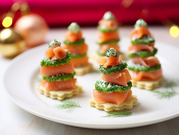 Salmon canapes in the shape of Christmas trees