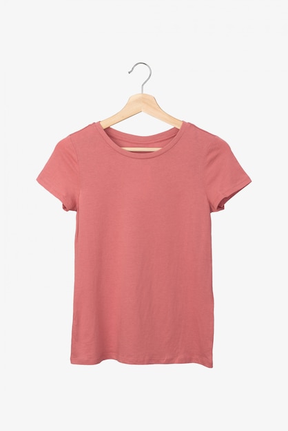 Salmon color t-shirt on a hanger