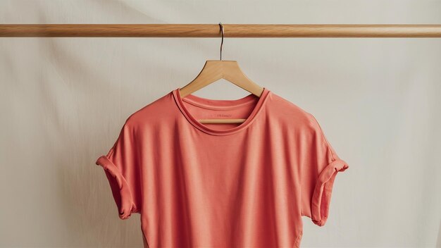 Salmon color t shirt on a hanger