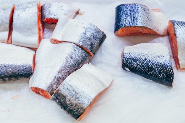 Salmon cool fish in ice sea food grocery shopping soft focus