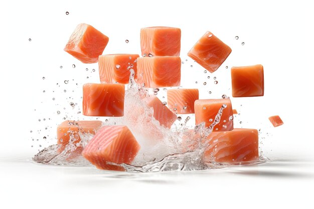 salmon cubes splash of water isolated in white background