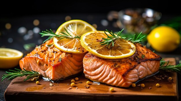 Foto salmone su un tagliere con fettine di limone