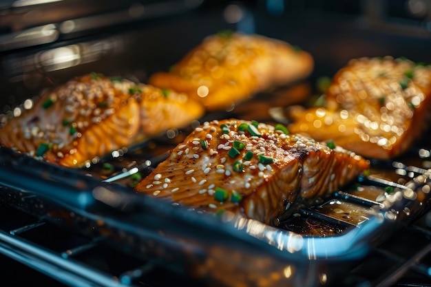 Photo a salmon fillet broiling in the oven with honey soy sauce and sesame seeds