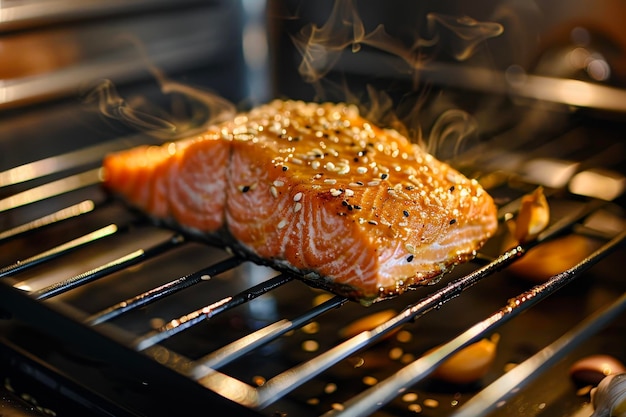 A salmon fillet broiling in the oven with honey soy sauce and sesame seeds