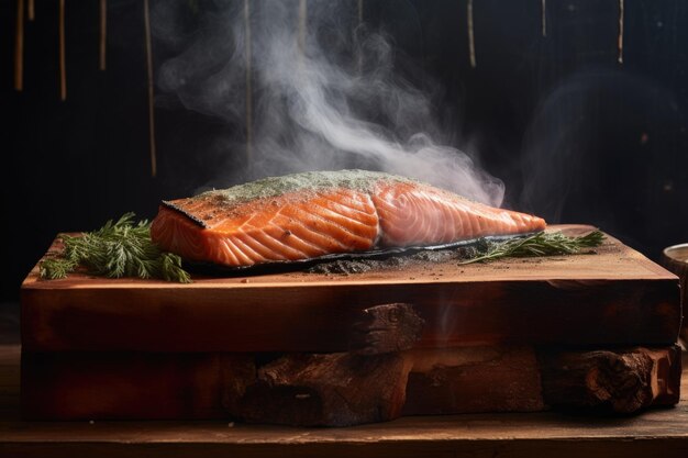 Salmon fillet on cedar plank with smoke rising created with generative ai