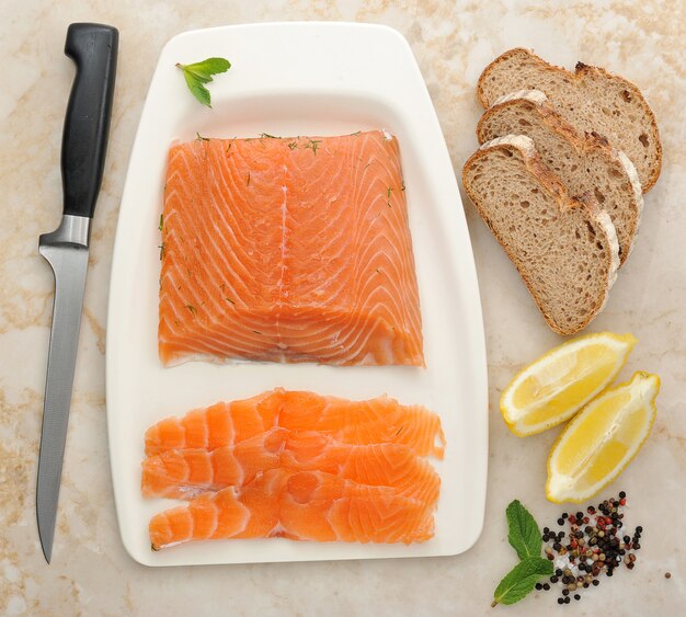 Salmon fillet cut into slices