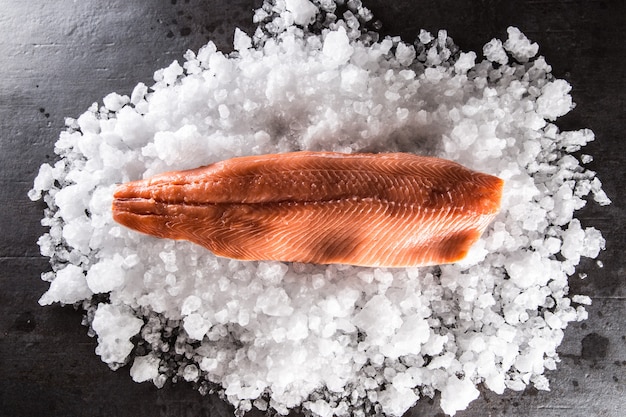 Salmon fillet on ice and empty kitchen board - Top of view.