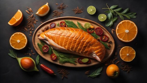 Salmon fillet and ingredients for cooking on dark background top view generative ai