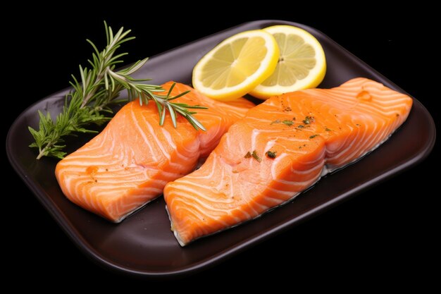 Salmon fillet lemon rosemary leaves olive oil colorful and delicious