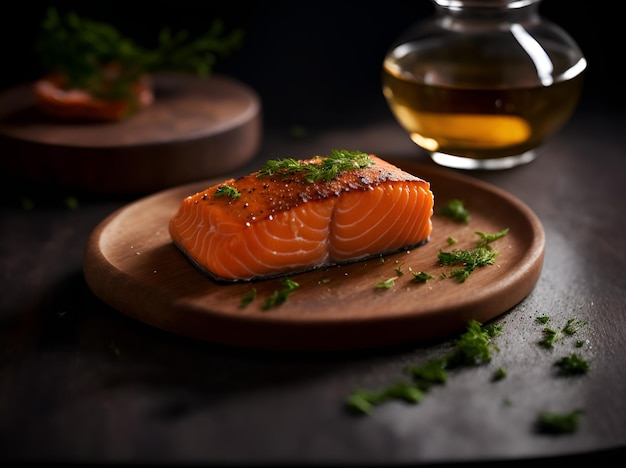 A salmon fillet sits on a plate with a bottle of oil behind it.