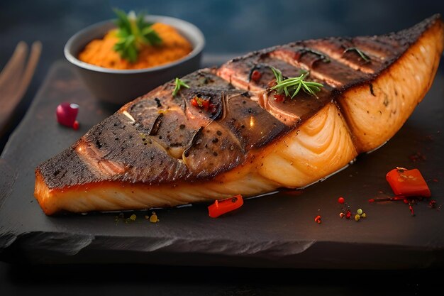 Salmon fillet steak cooked over fire with spices lime and vegetables served on a black plate