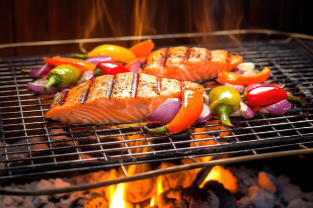 Salmon fillet in a wire basket above glowing barbecue coals