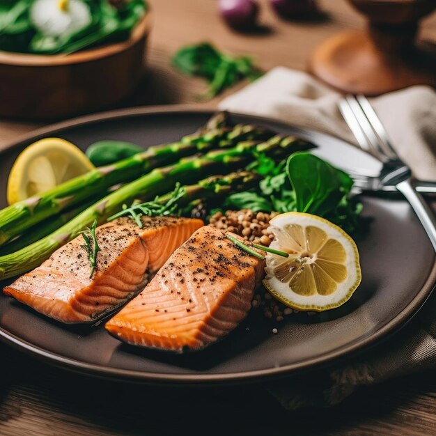 Salmon fillet with asparagus spinach and lemon