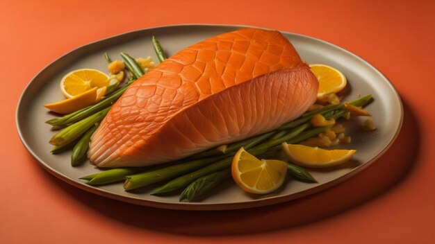 Salmon fillet with green beans and lemon on orange background generative ai