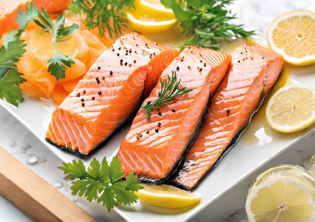 Salmon fillet with lemon and herbsingredients for cooking Closeup of salmon pieces with lemon and herbs in a white plate Generative AI