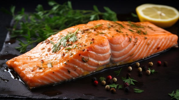 A salmon fillet with lemon and red pepper on a black stone surface.