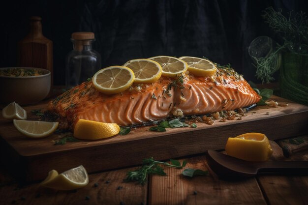 Photo a salmon fillet with lemons and lemons on a wooden board.