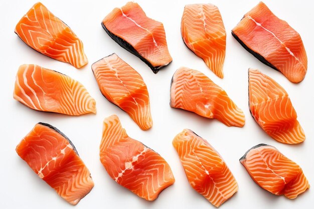 salmon fish cut into pieces isolated on a white background top view