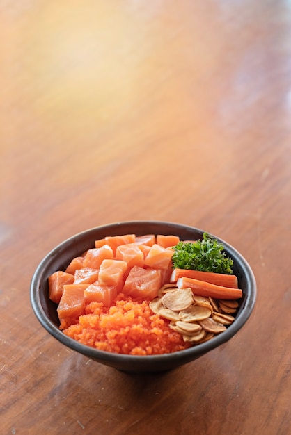 Salmon fish fillet with roe and vegetables , japanese style seafood dishes