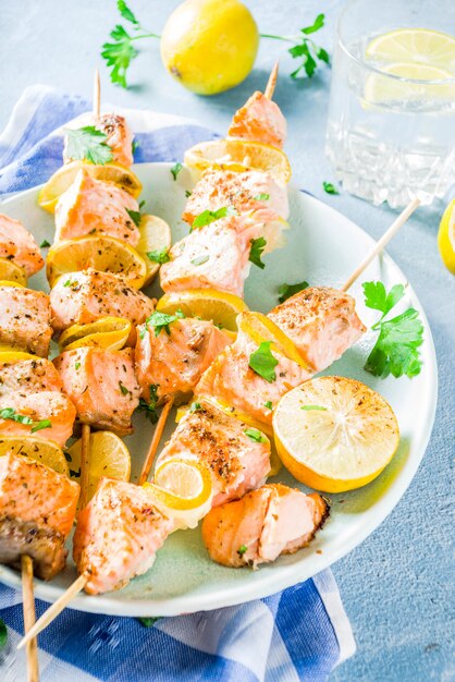 Salmon fish grilled skewers