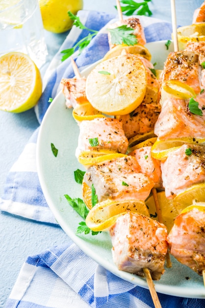 Salmon fish grilled skewers