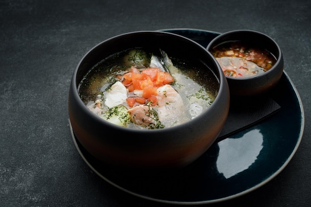 Salmon fish soup with spicy sauce on a dark background