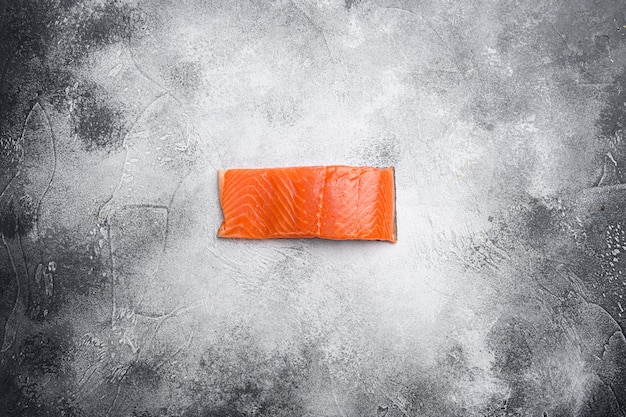 Salmon. Fresh raw salmon fish fillet set, on gray stone table background, top view flat lay, with copy space for text