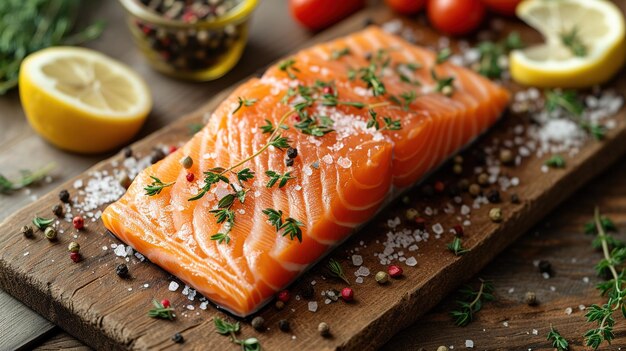 Photo salmon fresh raw salmon fish fillet with cooking ingredients herbs and lemon