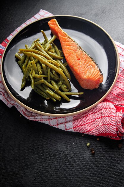 salmon fried fish and green bean meal food snack diet on the table copy space food background